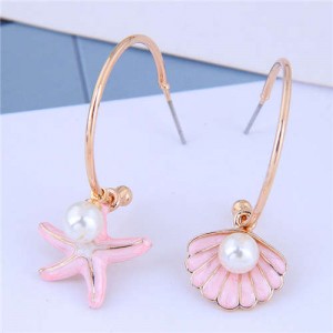 Starfish and Seashell Asymetric Design Korean Fashion Women Earrings - Pink