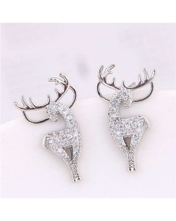 Cubic Zirconia Embellished Deers Christmas Fashion Women Costume Earrings - Silver