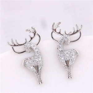 Cubic Zirconia Embellished Deers Christmas Fashion Women Costume Earrings - Silver