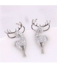 Cubic Zirconia Embellished Deers Christmas Fashion Women Costume Earrings - Silver