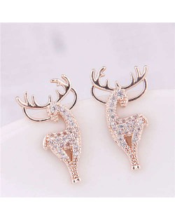 Cubic Zirconia Embellished Deers Christmas Fashion Women Costume Earrings - Golden