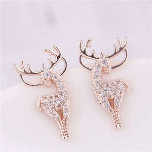 Cubic Zirconia Embellished Deers Christmas Fashion Women Costume Earrings - Golden