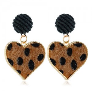 Leopard Prints Peach Heart High Fashion Design Women Bold Statement Earrings - Brown