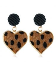 Leopard Prints Peach Heart High Fashion Design Women Bold Statement Earrings - Brown