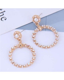 Rhinestone and Pearl Embellished Sweet Korean Fashion Golden Hoop Women Fashion Earrings