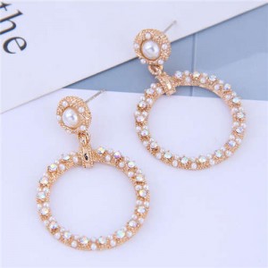 Rhinestone and Pearl Embellished Sweet Korean Fashion Golden Hoop Women Fashion Earrings