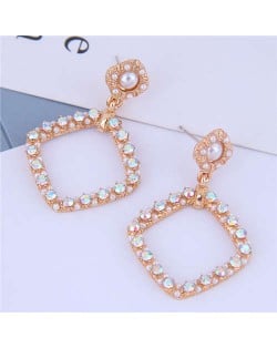 Rhinestone and Pearl Embellished Sweet Korean Fashion Golden Square Women Fashion Earrings