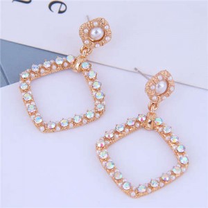 Rhinestone and Pearl Embellished Sweet Korean Fashion Golden Square Women Fashion Earrings