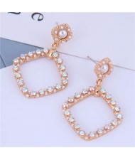 Rhinestone and Pearl Embellished Sweet Korean Fashion Golden Square Women Fashion Earrings