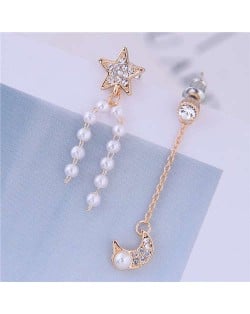 Asymmetric Moon and Star Pearl Tassel Design Korean Fashion Women Earrings