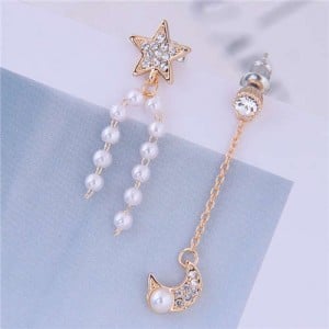 Asymmetric Moon and Star Pearl Tassel Design Korean Fashion Women Earrings