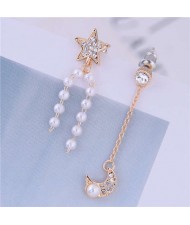 Asymmetric Moon and Star Pearl Tassel Design Korean Fashion Women Earrings