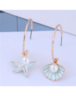 Pearl Embellished Starfish and Seashell Asymmetric Design Korean Fashion Earrings - Blue
