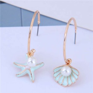 Pearl Embellished Starfish and Seashell Asymmetric Design Korean Fashion Earrings - Blue