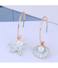 Pearl Embellished Starfish and Seashell Asymmetric Design Korean Fashion Earrings - Blue