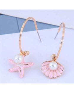 Pearl Embellished Starfish and Seashell Asymmetric Design Korean Fashion Earrings - Pink