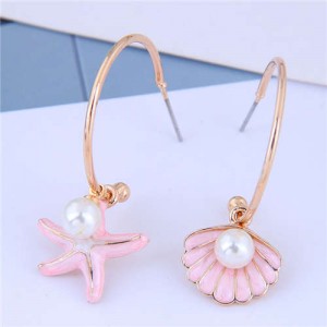 Pearl Embellished Starfish and Seashell Asymmetric Design Korean Fashion Earrings - Pink