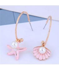 Pearl Embellished Starfish and Seashell Asymmetric Design Korean Fashion Earrings - Pink