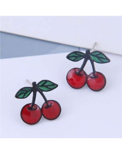 Oil-spot Glazed Red Cherry Design Korean Fashion Women Earrings