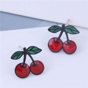 Oil-spot Glazed Red Cherry Design Korean Fashion Women Earrings