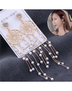Rhinestone Embellished Hollow Golden Hoop with Pearls Alloy Chain Tassel Design Women Costume Earrings