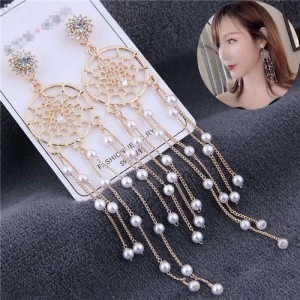 Rhinestone Embellished Hollow Golden Hoop with Pearls Alloy Chain Tassel Design Women Costume Earrings