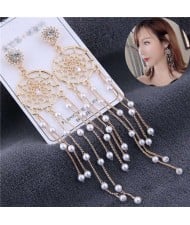 Rhinestone Embellished Hollow Golden Hoop with Pearls Alloy Chain Tassel Design Women Costume Earrings