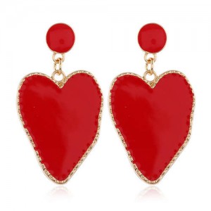 Golden Rim Abstract Shape Heart Design Women Earrings - Red