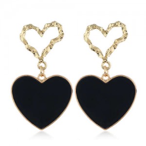 Oil-spot Glazed Unique Heart Theme Design Bold Fashion Women Statement Earrings - Black