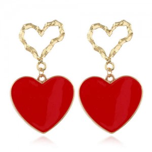 Oil-spot Glazed Unique Heart Theme Design Bold Fashion Women Statement Earrings - Red