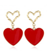 Oil-spot Glazed Unique Heart Theme Design Bold Fashion Women Statement Earrings - Red