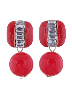 Rhinestone Embellished Square and Round Combo Design Women Studs Earrings - Red
