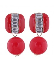 Rhinestone Embellished Square and Round Combo Design Women Studs Earrings - Red