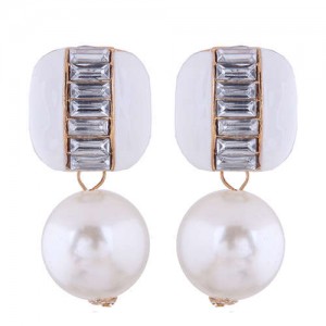 Rhinestone Embellished Square and Round Combo Design Women Studs Earrings - White
