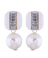 Rhinestone Embellished Square and Round Combo Design Women Studs Earrings - White