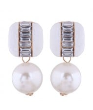 Rhinestone Embellished Square and Round Combo Design Women Studs Earrings - White