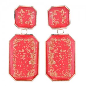 Resin Squares Amber Design Bold Fashion Women Statement Earrings - Red