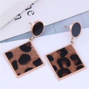 Leopard Prints Dangling Square with Oil-spot Glaze Stud Design Women Stainless Steel Earrings