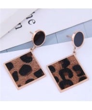 Leopard Prints Dangling Square with Oil-spot Glaze Stud Design Women Stainless Steel Earrings