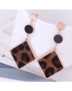 Leopard Prints Dangling Rhombus Design Bold Fashion Women Stainless Steel Earrings - Brown