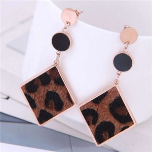 Leopard Prints Dangling Rhombus Design Bold Fashion Women Stainless Steel Earrings - Brown