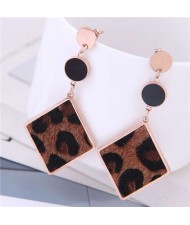 Leopard Prints Dangling Rhombus Design Bold Fashion Women Stainless Steel Earrings - Brown