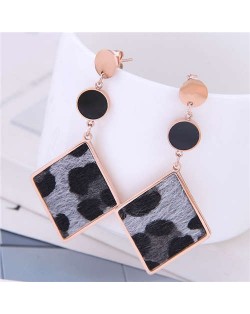 Leopard Prints Dangling Rhombus Design Bold Fashion Women Stainless Steel Earrings - Gray