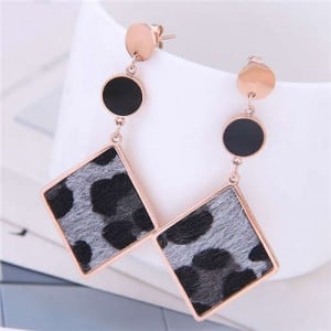 Leopard Prints Dangling Rhombus Design Bold Fashion Women Stainless Steel Earrings - Gray