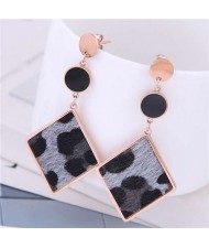 Leopard Prints Dangling Rhombus Design Bold Fashion Women Stainless Steel Earrings - Gray