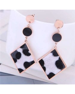 Leopard Prints Dangling Rhombus Design Bold Fashion Women Stainless Steel Earrings - White