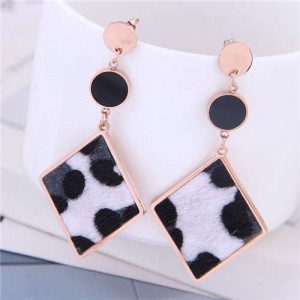 Leopard Prints Dangling Rhombus Design Bold Fashion Women Stainless Steel Earrings - White