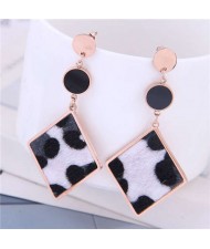 Leopard Prints Dangling Rhombus Design Bold Fashion Women Stainless Steel Earrings - White