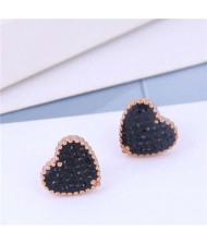 Cubic Zirconia Heart Delicate Design Korean Fashion Titanium Steel Women Earrings - Black