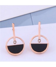 Rhinestone Embellished Hollow Round Design Sweet Fashion Titanium Steel Women Earrings